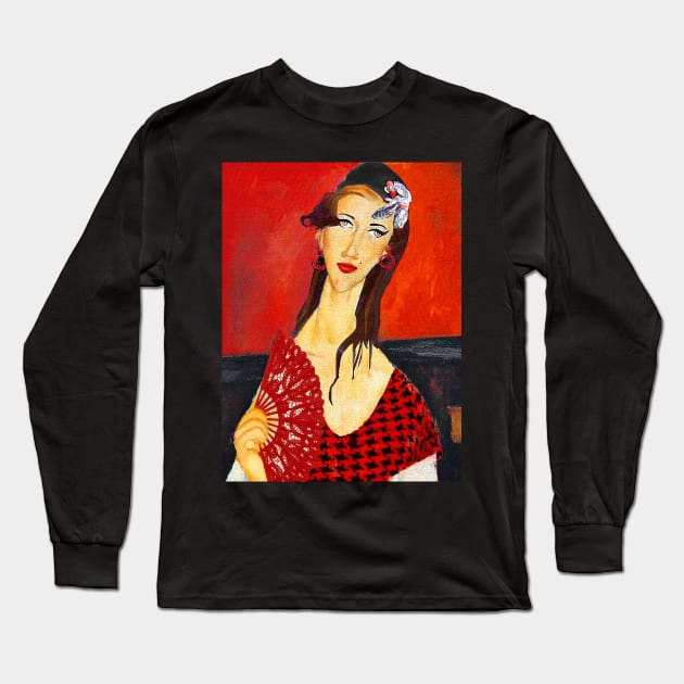 The Red Fan (based on Amadeo Modigliani's painting) Long Sleeve T-Shirt by PrivateVices